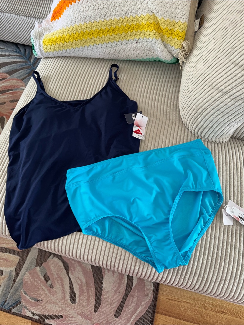 Lands' End Navy Tankini Top with Turquoise Swim Briefs